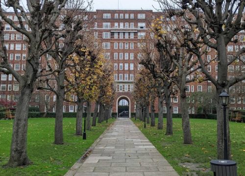 A pathway leads through an alley of deciduous trees with autumnal foliage toward a large red brick building under overcast skies.